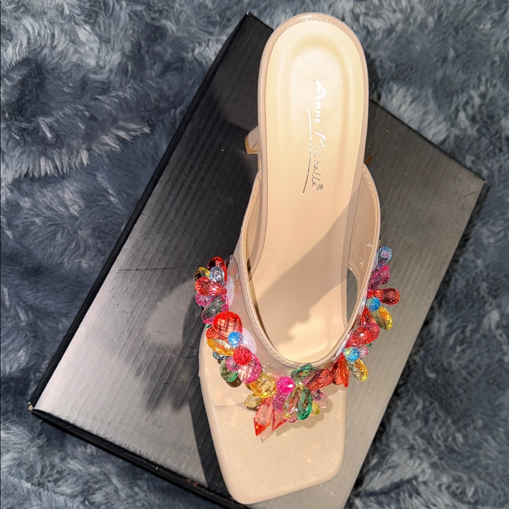 Anne Michelle Beige Heels with Colorful Embellishments